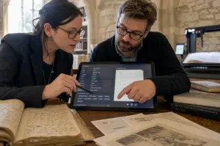 Heritage professionals collaborating over digital and paper records on a wooden table in a stone-walled, softly lit archival space, highlighting hands-on analysis and subtle use of technology.
