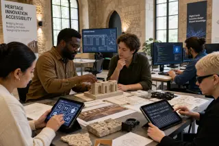 Three professionals collaborating in a bright archive lab, focused on digital heritage preservation, seen from above with hands, screens, and heritage objects visible.