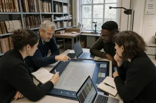 Professional team collaborates on digital archive management around a touch table in a bright lab filled with manuscripts and tech equipment.