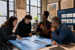Cultural professionals collaborating around a digital touch-table with heritage data in a sunlit innovation lab, shelves of archives and art visible in the background.