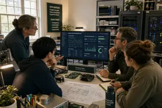 Group of heritage professionals collaborating around a workstation with digital and physical archival materials in a modern lab, discussing sustainable digital storage solutions.