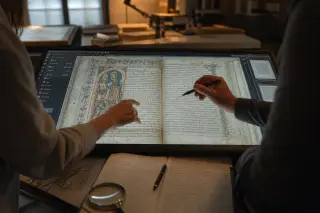 Two archivists collaborating over a digital touchscreen table with heritage documents in a softly lit tech lab, showing hands at work and notes scattered nearby.