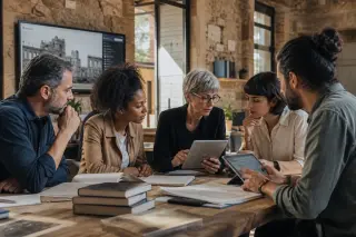 Cultural professionals collaborating around a table with digital devices and documents in a sunlit coworking space merging historic and modern design.