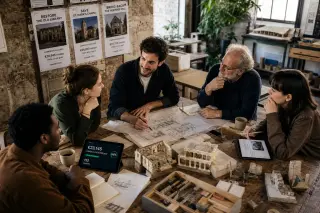 Creative team in a restoration workshop collaborating around a table with models, digital tablets, and campaign posters, lit by soft daylight.