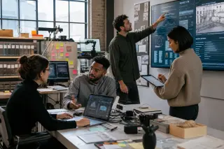 Group of four cultural professionals collaborating around a digital table with archival maps in a restored heritage lab, bathed in natural light.