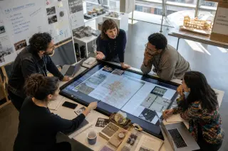 Five professionals collaborating around an interactive digital table in a modern cultural innovation lab, with natural light, dynamic gestures, and creative tools visible.