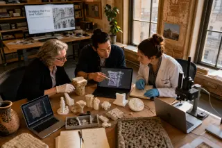 Professionals collaborating around a table with 3D models and digital renderings in a sunlit heritage innovation lab.