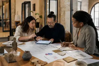 Creative professionals and cultural entrepreneurs collaborating around a shared table in a coworking space with historic architectural details, focused on digital strategy and documents under soft natural light.