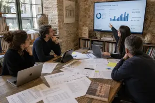 Cultural professionals discuss financial documents and digital dashboards in a creative coworking space with heritage elements, illuminated by natural light.