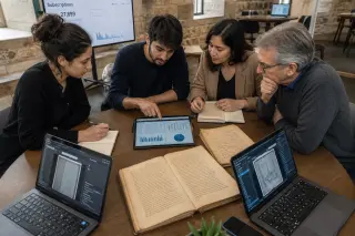 Collaborative team of heritage professionals and a digital developer discussing digital resource subscriptions around a table in a bright coworking space.