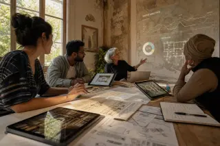 Collaborative team of cultural mediators analyzing visitor data in a sunlit workspace, surrounded by digital devices and charts, engaged in active discussion.