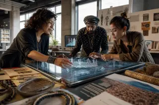 Three cultural professionals collaborate around a glowing digital table displaying holographic heritage, in a bright innovation lab with creative tools and artifacts.