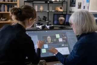 Museum professionals collaborating on a virtual exhibition using a large touchscreen in a creative workspace with VR equipment and archival materials, photographed candidly to capture authentic teamwork.