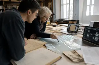 Three heritage professionals collaborating around a touchscreen table in a hybrid digital-archival studio, with natural light and a mix of old manuscripts and new technology.