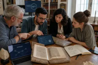 Group of heritage and tech professionals collaborating at a table with manuscripts and digital screens, in a modern innovation lab.