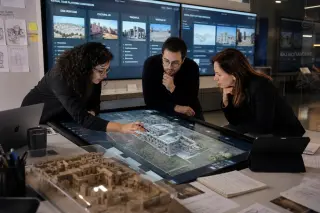 Cultural professionals in a modern innovation lab collaboratively evaluating virtual heritage tour interfaces around a touchscreen table, with digital screens and architecture models in the background.