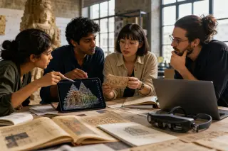 Researchers and digital artists collaborating around a table with artifacts and 3D models in a modern heritage lab, focused and engaged in discussion.
